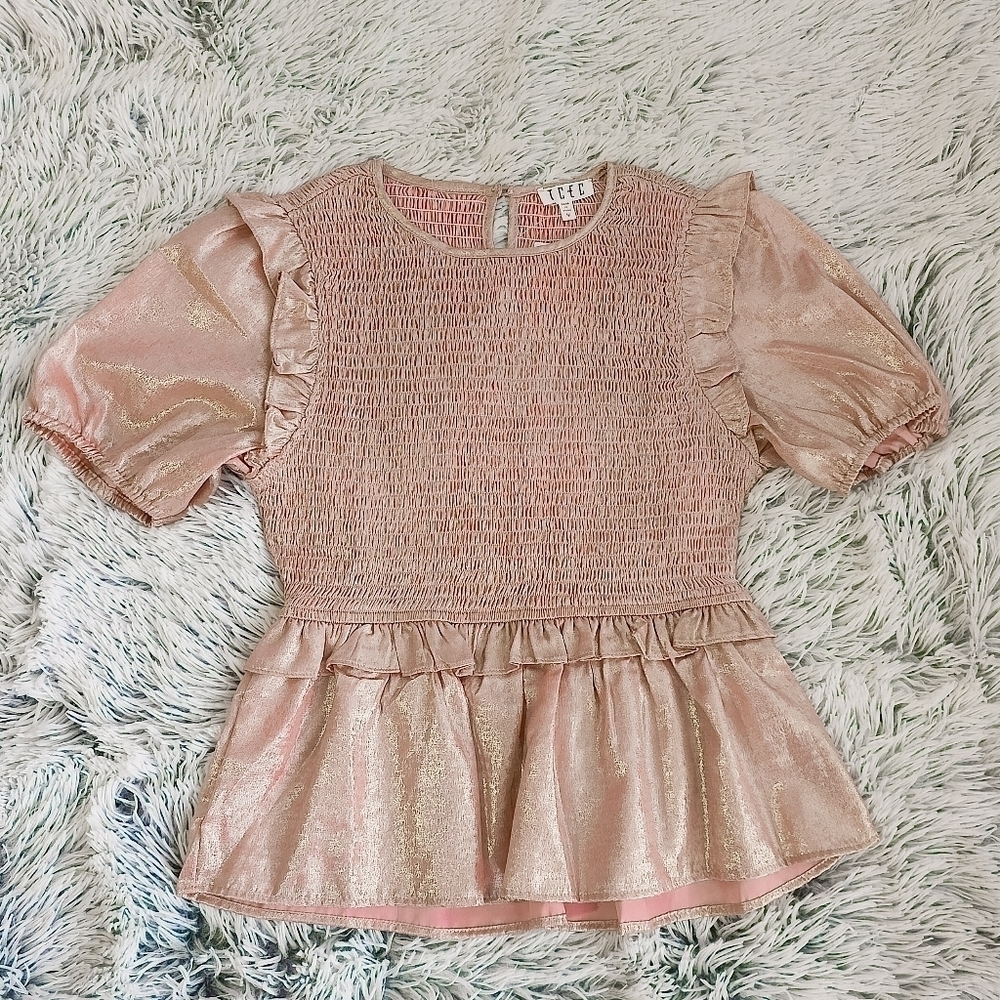 TCEC Metallic Pink Smocked Peplum Top Boutique NWT size medium